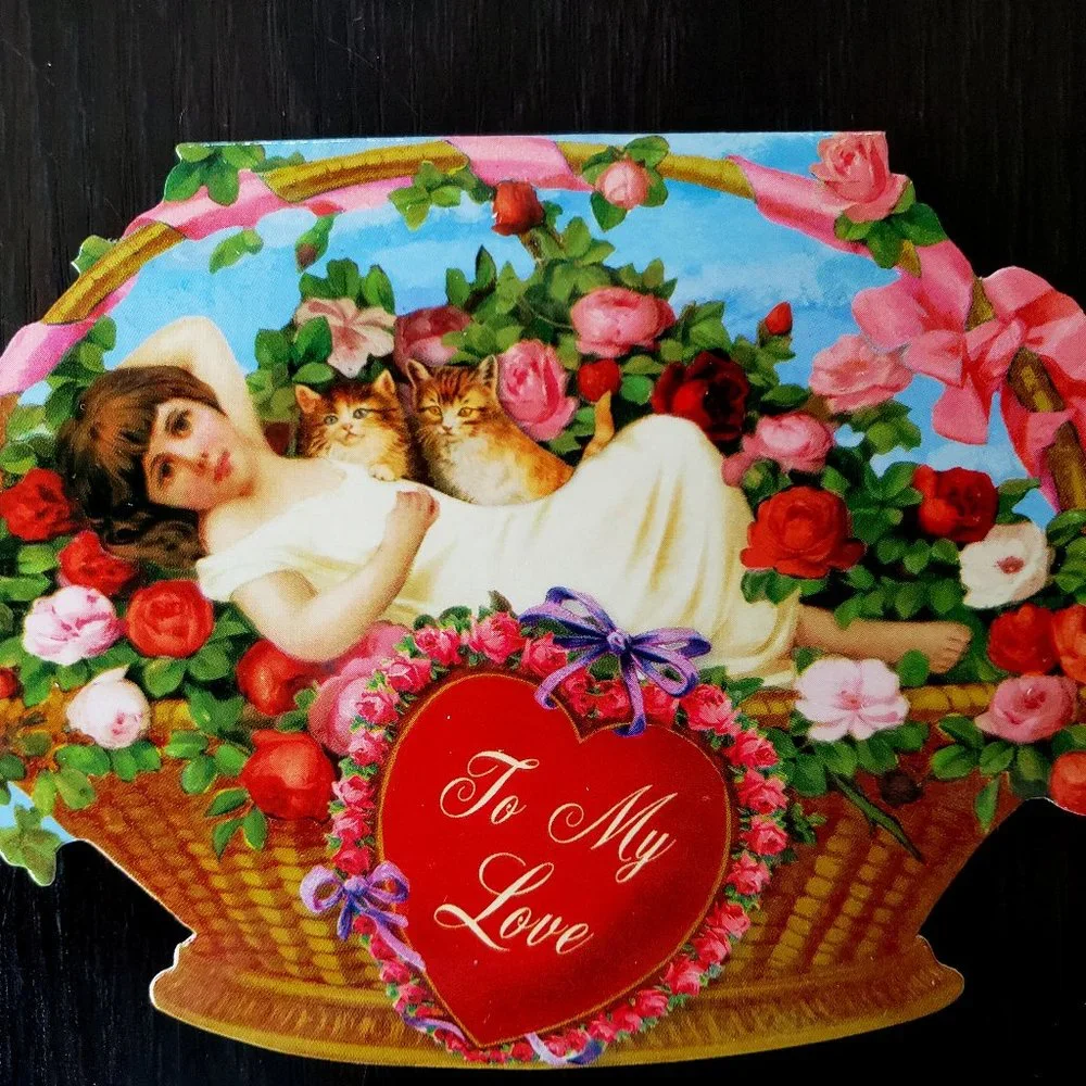 Victorian Girl in Basket, Framed Girl Boy, Cupid Valentine's Day Card Lot of 4